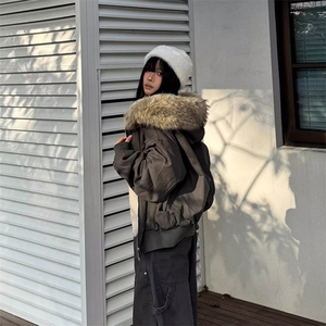 现货重磅boxy短款棉衣座山雕大毛毛领男女棉服水洗工装厚外套图片