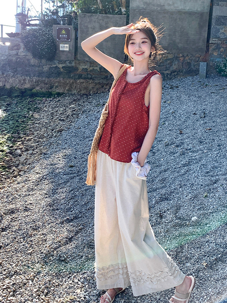 浪漫氛围感减龄复古波点上衣套装女2025夏新款木耳边阔腿裤两件套,女装套装/套裙,浙宝220