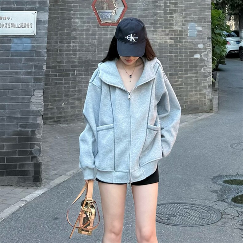 抖音得物高品质秋冬美式高街重磅结构辑明线纹理连帽卫衣外套W111，男装卫衣，电商A486