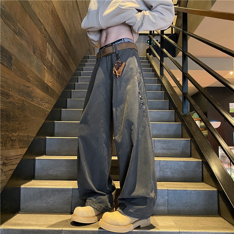 灰色弯刀工装裤男款春秋季美式高街宽松大码阔腿设计感休闲长裤子，男装休闲裤，电商B315