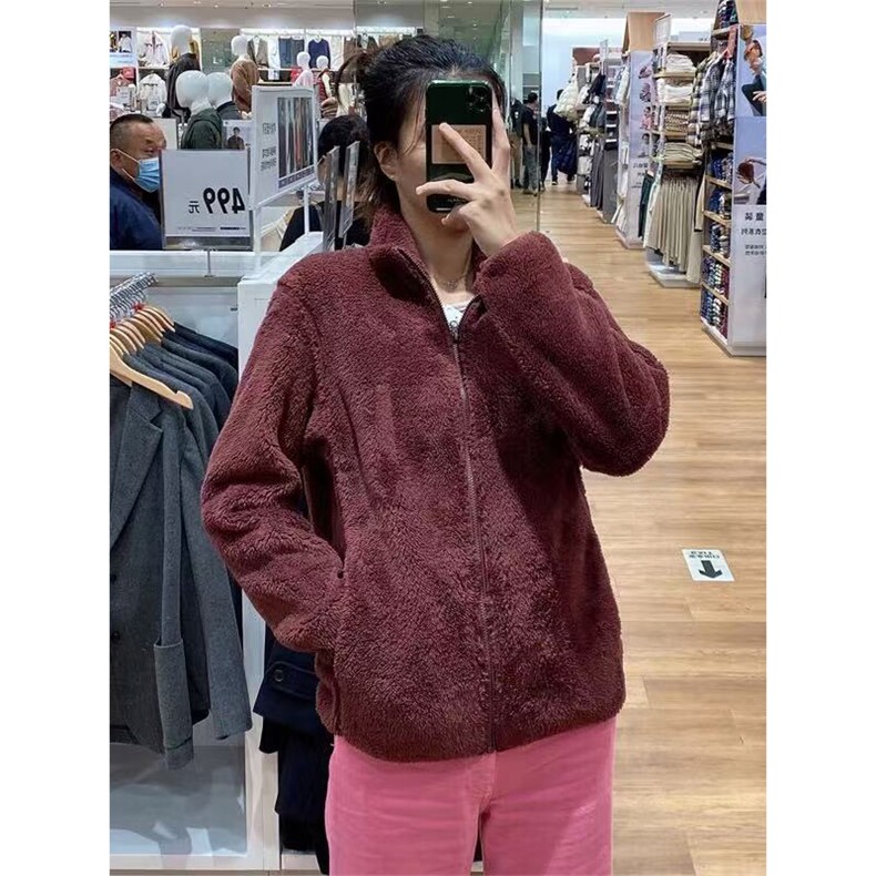 高品 纯色厚实拉链茄克长绒保暖显瘦立领摇粒绒外套男女A1194-P40图片