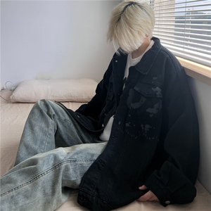 美式潮牌字母印花牛仔外套男女春秋复古宽松百搭潮流帅气百搭夹克图片