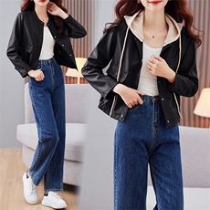 小个子皮衣外套女短款2023年新款春秋季显瘦气质连帽机车PU皮夹克，女装皮衣，江南女神