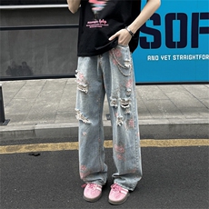 牡丹提花牛仔裤男小众设计感水洗蓝裤子休闲直筒微喇裤N04126-P50，男装牛仔裤，星座308B-1