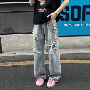 牡丹提花牛仔裤男小众设计感水洗蓝裤子休闲直筒微喇裤N04126-P50图片