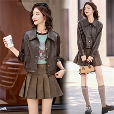 2025年秋季新款现货修身显瘦衬衫领皮衣外套，女装皮衣，臻衣坊