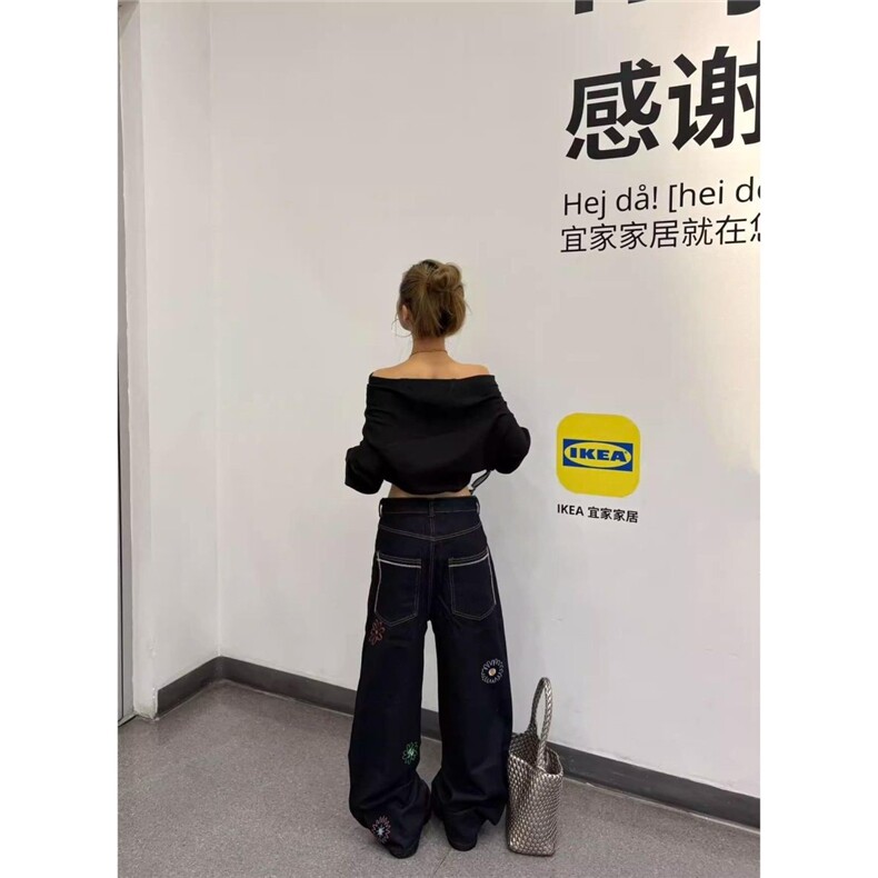 美式高街复古花卉刺绣黑色牛仔裤男女宽松显瘦百搭阔腿直筒拖地长,男装牛仔裤,四季星座505