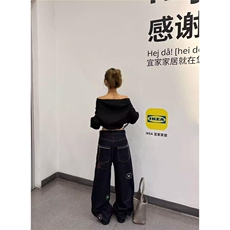 美式高街复古花卉刺绣黑色牛仔裤男女宽松显瘦百搭阔腿直筒拖地长，男装牛仔裤，四季星座505