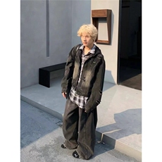 美式复古拉链破洞连帽牛仔外套男款潮流宽松百搭水洗做旧夹克上衣，男装夹克，星座506A