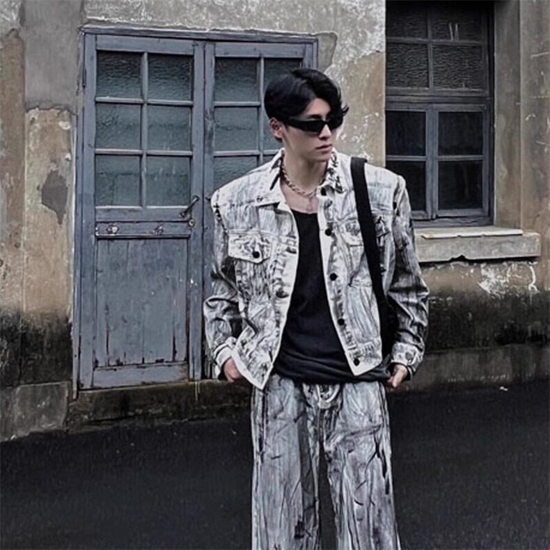 牛仔外套套装高级感痞帅一套扎染微喇裤JK100特P90NZ100特P65,男装工装外套,星座908-1