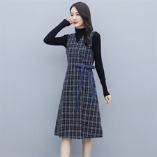 2021秋冬款小香风个性减龄连衣裙长袖拼色格子优雅显瘦两件套，女装套装/套裙，瑶迪依秀