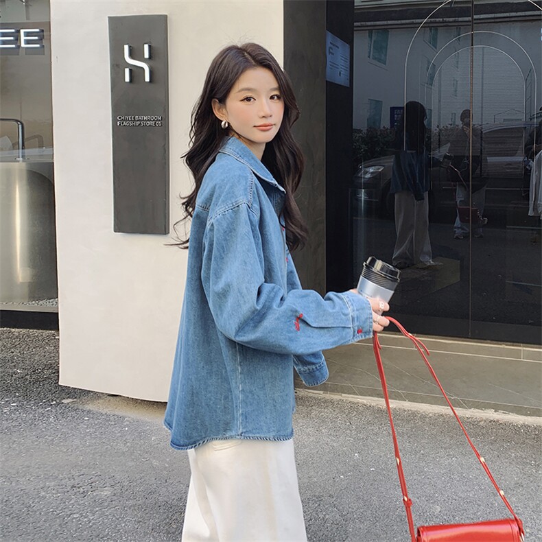 2024春装新款时尚潮流简约气质牛仔衬衣上衣,女装衬衫,浙宝220