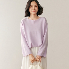 秋季新款卷边圆领加宽袖纯色针织衫时尚休闲，女装针织衫/毛衣，鸥蕊娅羊绒