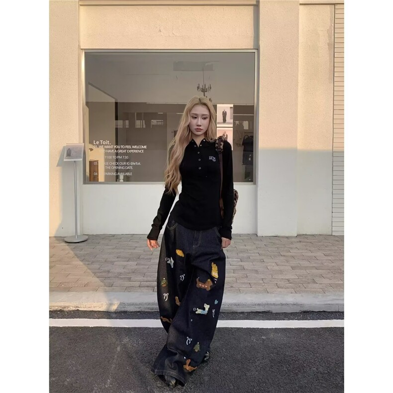 百搭新款慵懒无品牌潮流简约时尚复古卡通刺绣牛仔裤男女款高街，男装牛仔裤，星座506A