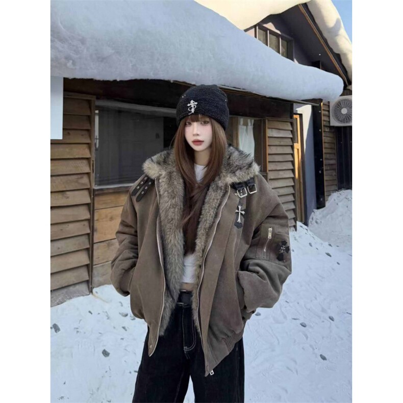 网图美式复古毛领十字架座山雕外套棉服男女冬季加厚保暖棉袄,男装棉衣,电商C307