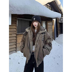 网图 美式复古毛领十字架座山雕外套棉服男女冬季加厚保暖棉袄图片