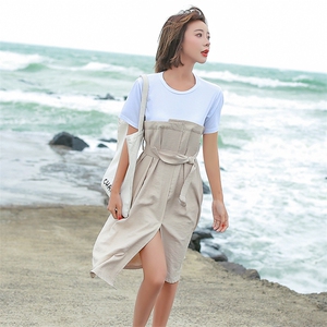 口袋 连衣裙 圆领 松紧腰 套头 2021年夏季 短袖 长裙 拼接 百搭 潮流图片