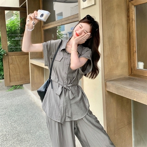 灰色设计感夏日穿搭套装女新款韩系休闲宽松高级感长裤两件套图片