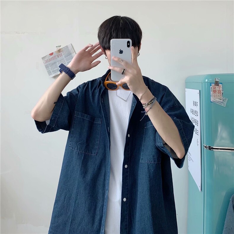 港风复古牛仔衬衫夏季男款潮牌短袖衬衣宽松休闲薄外套CS055-P40,男装衬衫,星座1008