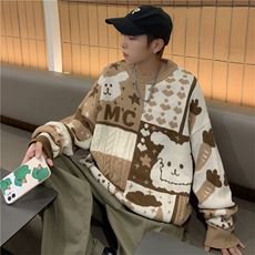 日系复古卡通拼色毛衣男秋冬季宽松慵懒圆领情侣针织衫M814-P45，男装针织衫/毛衣，星座512-2