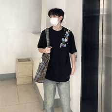 万针全刺绣解构设计260克重磅双纱纯棉高品质美式高街短袖T恤特39，男装T恤，电商A486-1
