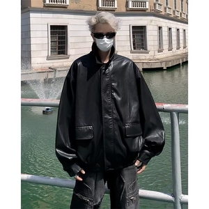 美式复古皮衣外套男春秋季痞帅潮牌休闲宽松PU皮夹克翻领K205/P70图片
