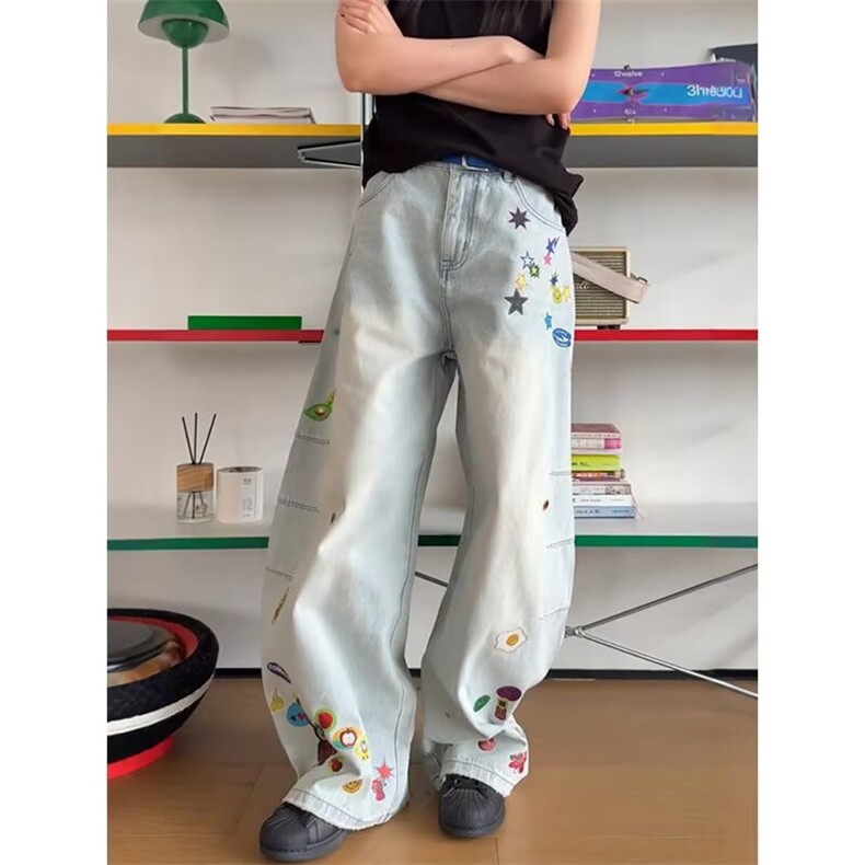 美式夏牛仔涂鸦裤子男春秋季青年设计感束脚休闲长裤AME491 P58图片