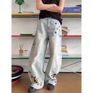 美式夏牛仔涂鸦裤子男春秋季青年设计感束脚休闲长裤AME491 P58图片