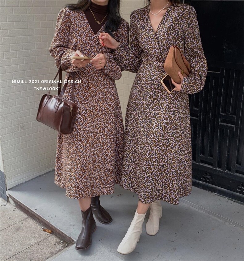韩系法式V领复古秋冬碎花连衣裙，女装连衣裙，BoRan帛然