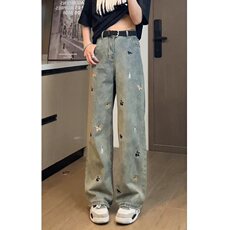 趣味小狗刺绣阔腿牛仔裤男女春夏季高腰宽松显瘦直筒裤子NWY23，男装牛仔裤，星座1116A（原606A-3）