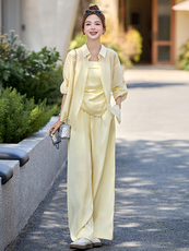 小香风时尚套装女2026新款洋气减龄夏季防晒衬衫吊带阔腿裤三件套，女装套装/套裙，衣之秀