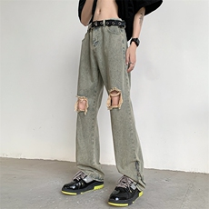 破洞拉链牛仔裤男款夏季美式高街vibe潮牌痞帅炸街N0308-P45，男装牛仔裤，星座308B-1