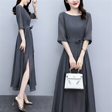 时尚天丝连衣裙女2025年夏季新款气质收腰高级感长款薄款法式裙子，女装连衣裙，关键词