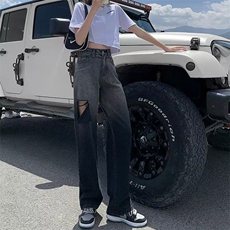 破洞牛仔裤女2025年秋季新款高腰宽松显瘦直筒小个子阔腿拖地裤潮，男装牛仔裤，星座1210-1