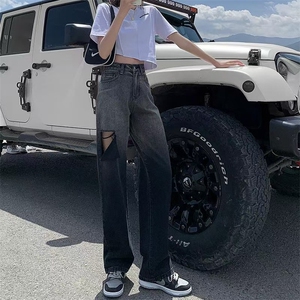 破洞牛仔裤女2025年秋季新款高腰宽松显瘦直筒小个子阔腿拖地裤潮图片