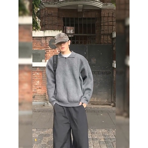 重磅秋冬北极绒亨利领毛衣开衫美式复古休闲慵懒风纯色翻领针织衫图片