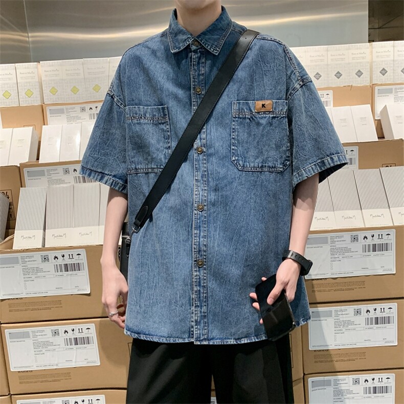 S356-P46夏季美式复古牛仔短袖衬衫,男装衬衫,星座1501-1