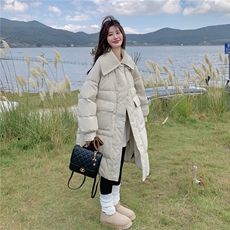 米白色松弛感针织拼接翻领长款羽绒服女2025冬季新款加厚保暖外套，女装羽绒服，2C159