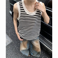 夏款男T恤背心镂空针织衫条纹汗衫无袖T恤衫BX9522P35，男装背心/马甲，星座1013-1