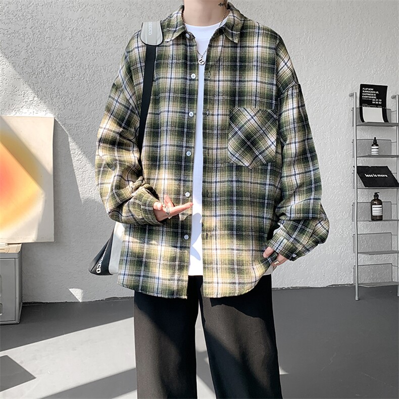 衬衫男春季新款港风宽松大码磨毛格子长袖衬衣CS2019-P35，男装衬衫，星座214-3
