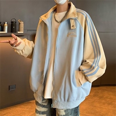 外套男潮牌三杠条纹撞色插肩袖休闲学院风运动夹克衫W6479-P58，男装夹克，星座412-3