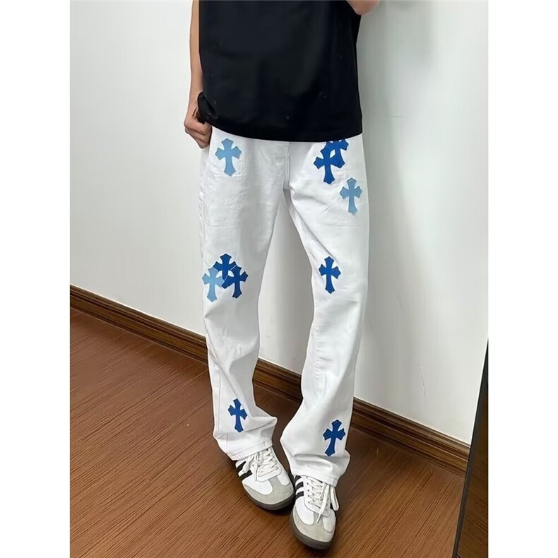 N7073-P48重工十字架刺绣高腰直筒牛仔裤女2025新款设计感宽松,男装牛仔裤,电商B323A