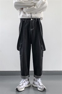 潮背带工装裤韩版宽松直筒坠感裤百搭吊带牛仔裤 现货 K1106-P42图片