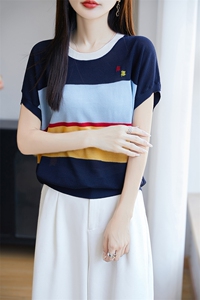 拼色圆领莱赛尔天丝针织短袖T恤女夏季刺绣薄款上衣宽松打底半袖图片