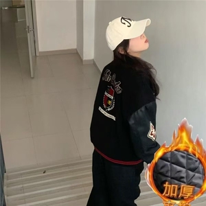 潮高街徽章刺绣pu皮拼接夹克男女青少年学生百搭潮流棒球服图片