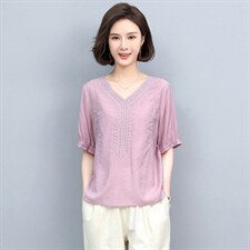 2022夏季新款V领宽松妈妈棉麻风小衫短袖t恤女上衣，女装T恤，忆绮罗