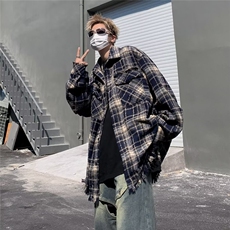 蓝色格子衬衣男2024秋季新款宽松小众设计感毛边衬衣外套W9294，男装衬衫，星座1116A-1（原606A）