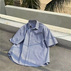 日系蓝条纹短袖衬衫男潮牌少年感宽松休闲衬衣港风上衣外套，男装T恤，星座601-1