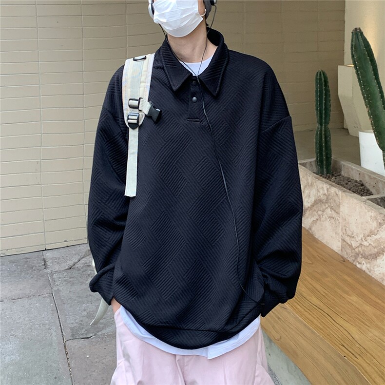 2026春秋翻领亨利领提花POLO衫痞帅卫衣外套W56682/特P25黑,男装Polo衫,电商A094