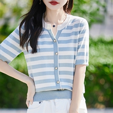 条纹纯棉针织衫女夏季薄款2025新款时尚拼色宽松透气v领短袖t恤潮，女装针织衫/毛衣，斯美雅电商供货